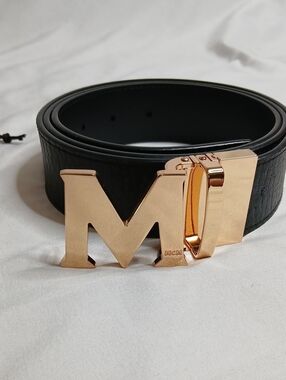 MCM Black Leather Belt with Gold M Buckle